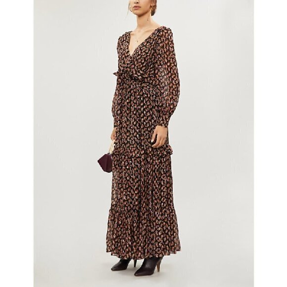 DVF Winnie Paisley Black dress maxi chiffon tie gold boho new Small 4 6 - Picture 1 of 8